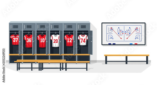 Sports Locker Room with Jerseys and Tactical Board.