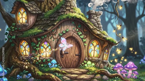 Fantasy cottage in a magical forest with glowing lights and mushrooms