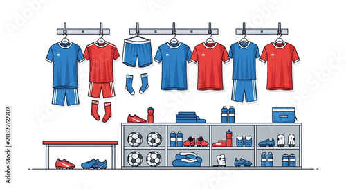 Soccer Team Locker Room with Uniforms and Equipment.