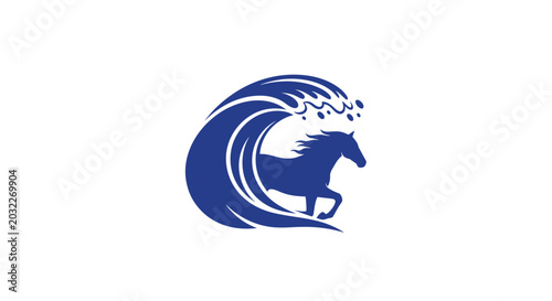 Bild auf Leinwand Dynamic Blue Wave and Galloping Horse Logo Design.