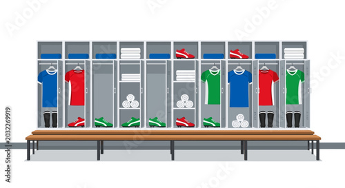 Empty locker room with colorful sports jerseys and shoes.