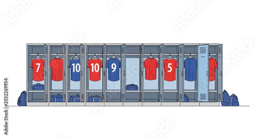 Football team locker room with numbered jerseys hanging.