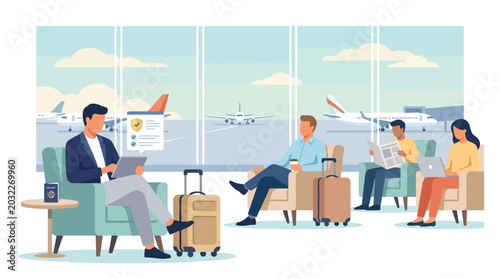 Bild auf Leinwand Summer Travel Anticipation Modern Airport Lounge Scene with Passengers Awaiting