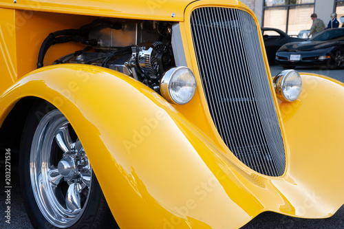 Bright Yellow Custom Hot Rod Classic Car Close Up