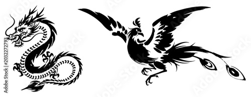 Foto Chinese dragon and flying phoenix mythological creatures in black and white vect