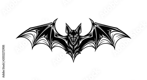 Photos Black bat with spread wings flying.