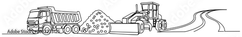 Dump truck gravel pile motor grader machine and curved road in continuous one line art style