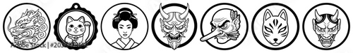 Foto Japanese folklore and traditional masks circular avatar set with geisha dragon o