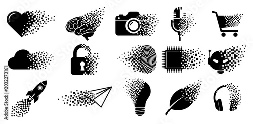 Tableau sur toile Technology and business icons set with pixel dispersion effect in flat vector st