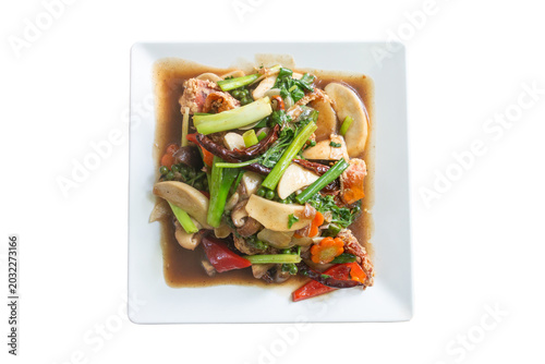 Stir-Fried Vegetables in Oyster Sauce with Termite Mushrooms, Chinese Broccoli, and Carrots