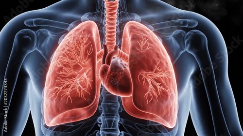 Red glowing human lungs and heart with trachea in an x-ray visible ribcage on a dark background