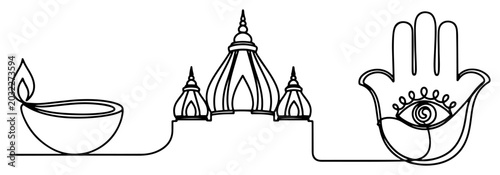 Diya oil lamp temple building and hamsa hand symbol in continuous one line art style