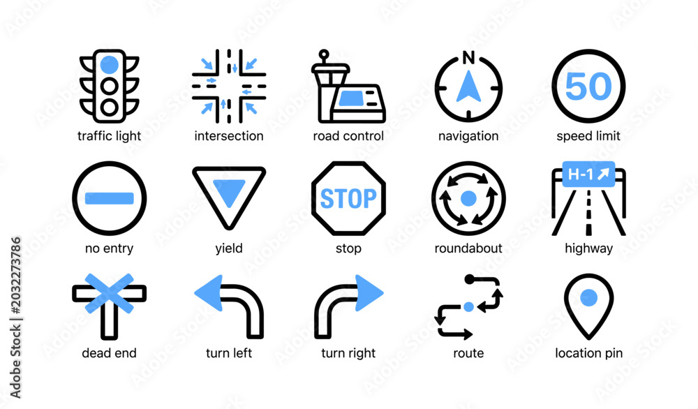 Fototapeta premium Road and navigation icons arranged in grid on white background