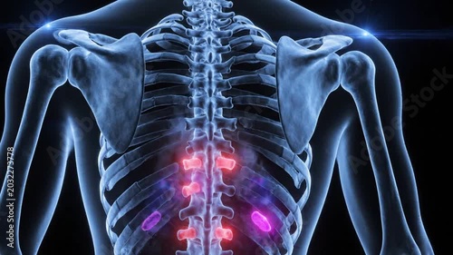 Abstract X Ray Human Spine Anatomy with Painful Red Discs and Glowing Blue Skeletal Structure on Black Background