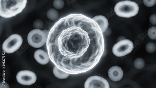 Abstract White Glowing Cells Moving Slowly in a Dark Black Background Microscopic Medical Research Concept