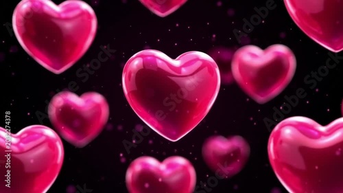 Dark luxury aesthetic wallpaper filled with glowing neon pink hearts floating in deep black space and soft bokeh sparkles