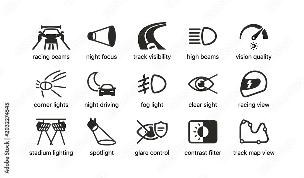 Obraz premium Automotive headlight and vision icons arranged on white background