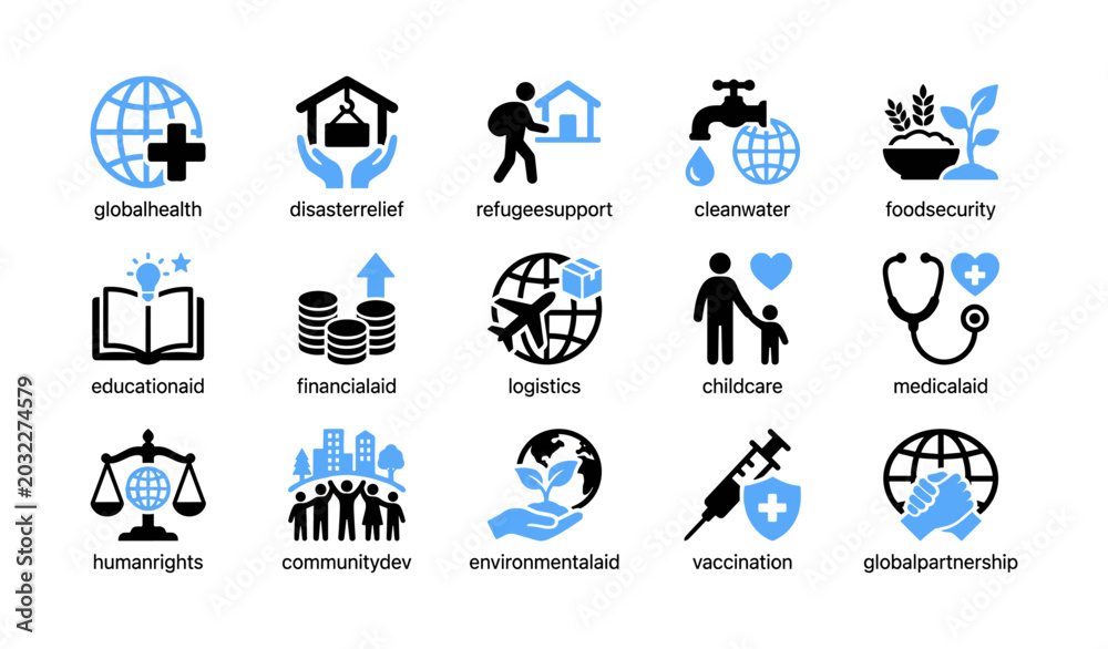 Fototapeta premium Global aid and humanitarian icons representing relief and services