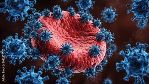Red Blood Cell Surrounded By Blue Viruses Floating In Dark Space Concept Of Human Body Under Attack By Microorganisms