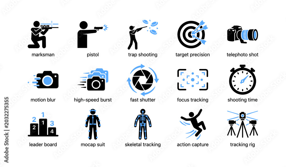 Fototapeta premium Shooting and tracking icons illustrating photography motion capture