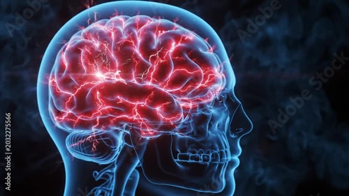 Human Brain Activity with Neural Network and Electrical Impulse Transmission in Transparent Skull with Dark Background and Red Neuron Connections