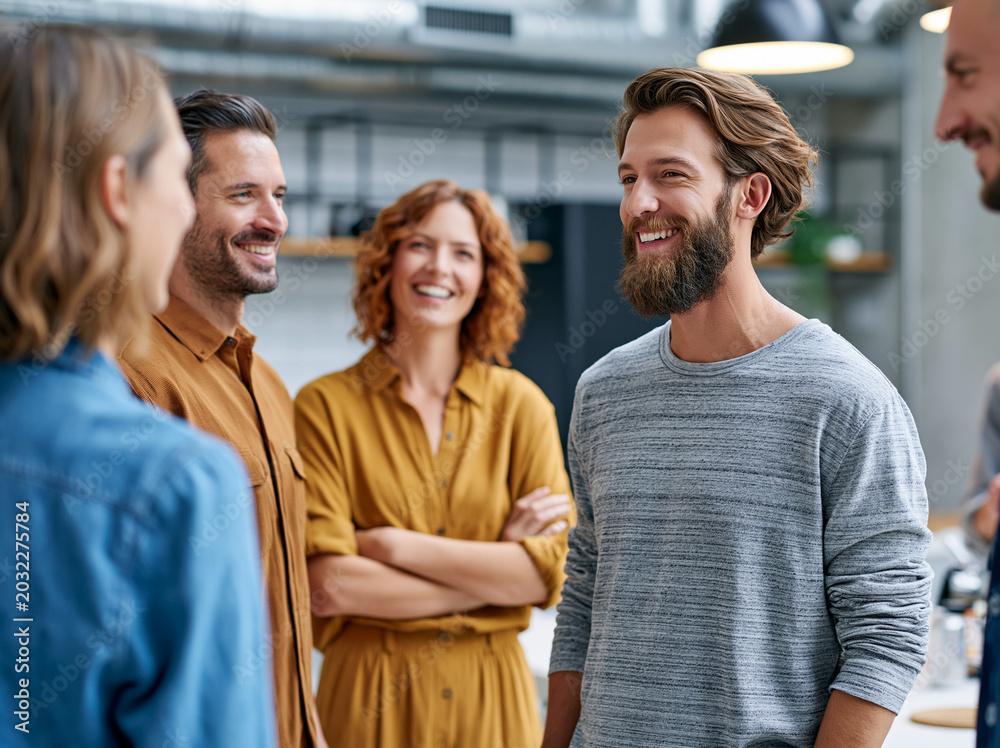 Fototapeta premium Group of friends talking and laughing together in a modern office space during a casual afternoon in a busy urban area
