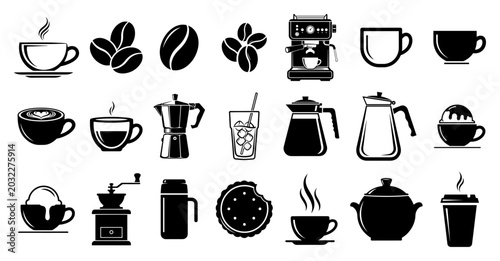 Photos Coffee cup and espresso machine icon set with beans and brewing equipment vector