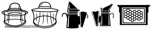 Fotografie Beekeeping equipment icons including protective hat veil bee smoker and honeycom