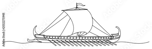 Fotografía Ancient galley ship with oars and sail sailing on water continuous line art styl