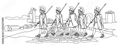 Tableau sur toile Roman legionaries marching past ancient ruins in continuous line art style