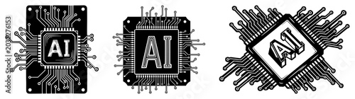 Artificial intelligence processor chips on circuit boards in technical line art style