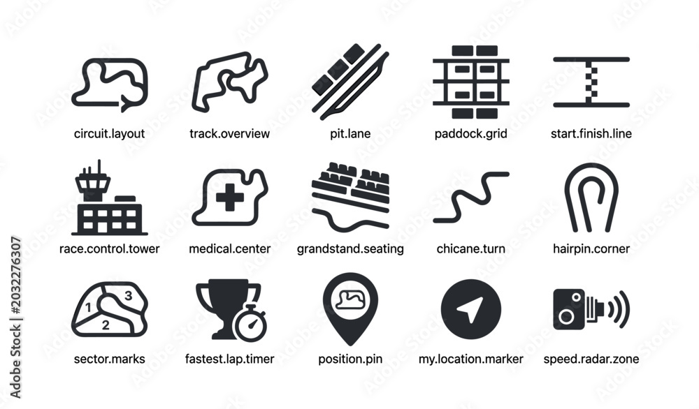 Fototapeta premium Race track icons and motorsport symbols on white grid
