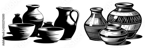 Fotografija Clay pottery vessels including pots bowls and jugs in detailed vintage woodcut s