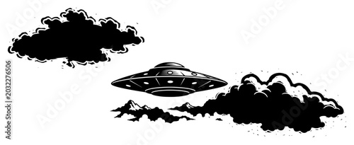 Quadro su tela UFO flying saucer hovering between dramatic clouds and mountain peaks in retro w