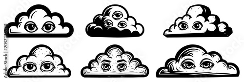 Quadro em tela Surreal clouds with staring eyes in vintage woodcut engraving style