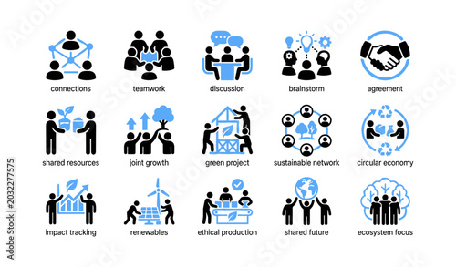Community icons showing collaboration and sustainability on white