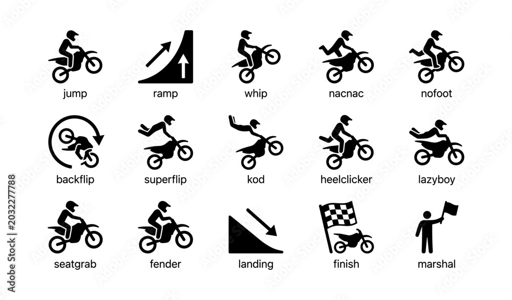 Fototapeta premium Motocross stunt icons displayed in grid on white background