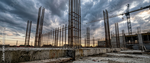 Tableau sur toile Exposed steel reinforcement bars rising from unfinished concrete foundation at i
