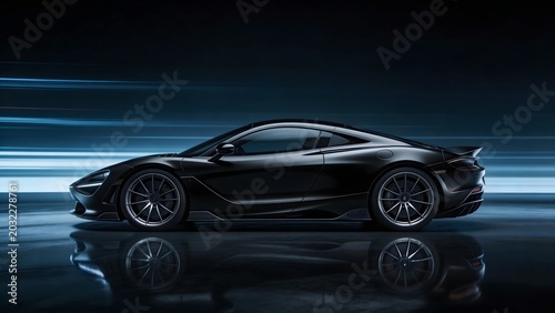 Black sports car on reflective surface
