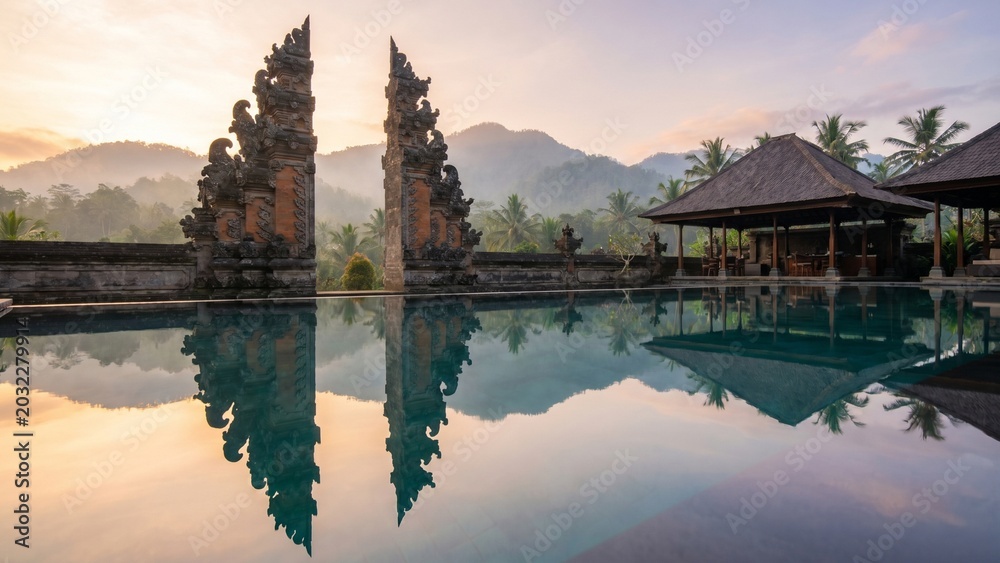 Obraz premium Traditional Balinese temple gate reflected on still water with soft sunrise glow and tropical mountain scenery, creating a luxurious and peaceful travel destination image.