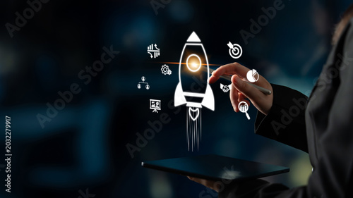 Obraz na płótnie Startup growth begins with innovation, rocket-inspired momentum, and early-stage strategies that power business development and entrepreneurial success