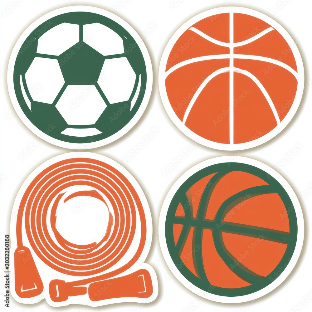 Obraz premium Sticker set shows sports equipment designs featuring a soccer ball, basketball, and jump rope in orange and green colors for active play.
