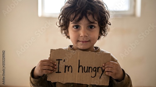 An innocent child, with a direct gaze, holds a handmade sign reading 'I'm hungry', symbolizing the profound global issue of childhood hunger and poverty