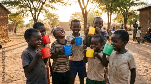 Joyful African children sharing colorful cups in a sunny village, embodying hope and community spirit