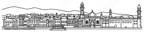 Foto Middle Eastern waterfront cityscape with mosque minarets and traditional archite