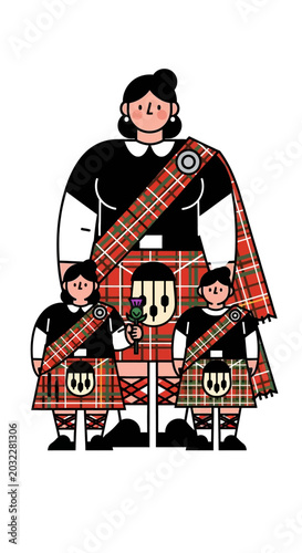 Scottish Family in Traditional Tartan Kilts and Attire Posing Together.
