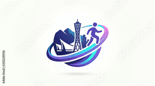 Seattle Cityscape Logo with Running Person and Mountains, Modern Design.