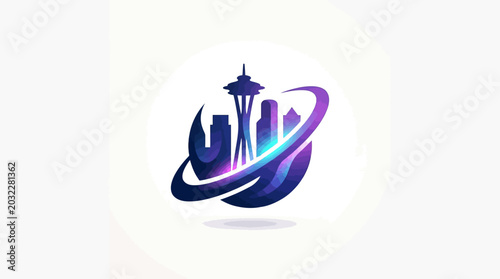 Seattle Skyline Silhouette with Orbiting Swirls in Vibrant Colors.