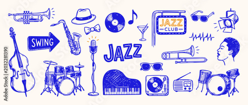 Jazz and Swing Music Doodle Collection: A vibrant collection of hand-drawn illustrations depicting various elements of jazz and swing music, including instruments, musical notes, and club signage.