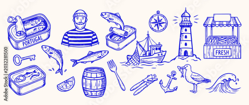 Slika na platnu Nautical Delights Sketch: A charming collection of hand-drawn illustrations capturing the essence of maritime life, featuring canned fish, a sailor, a lighthouse, a fishing boat